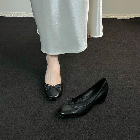 5CM头层牛皮内增高一脚蹬方头蝴蝶结法式复古百搭女士浅口单鞋