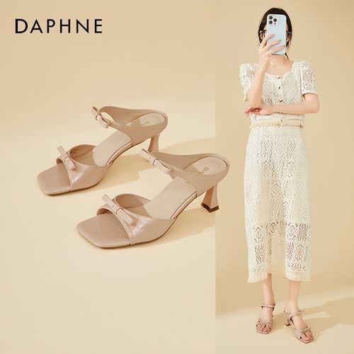 Daphne/达芙妮时尚外穿高跟一字拖鞋女夏季新款方头配裙子凉拖鞋主图