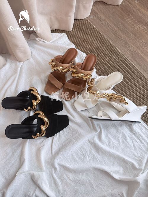 ReneChristine|夏季新款秀款坡跟露趾链条一字带外穿凉拖鞋女高跟主图