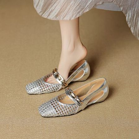 真皮单鞋女夏2026新款编织镂空方头低跟粗跟玛丽珍鞋凉鞋