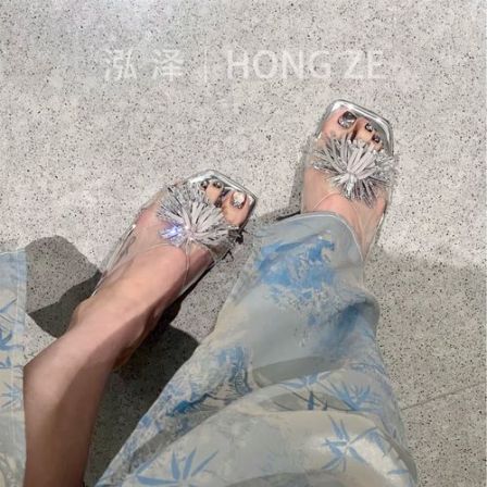 绝美水钻粗跟仙女风方头露趾高跟凉鞋夏季新款百搭高跟凉拖鞋女