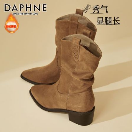 达芙妮尖头粗跟堆堆靴女短靴2026秋季新款百搭高跟弹力绒面瘦瘦靴