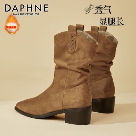 达芙妮尖头粗跟堆堆靴女短靴2026秋季新款百搭高跟弹力绒面瘦瘦靴