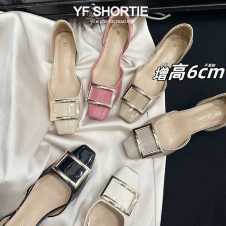 增高6CM经典四季款rv方扣中空单鞋女25新款气质方头漆皮凉鞋外穿