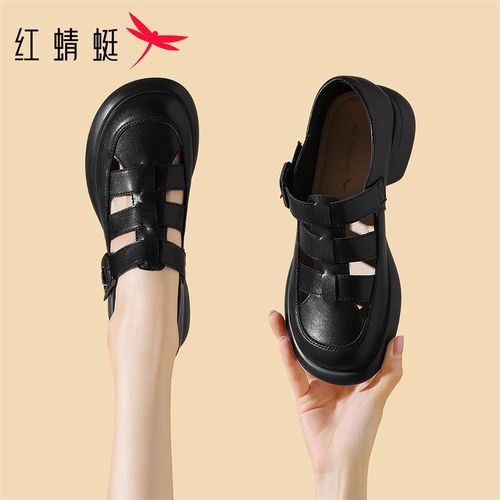 红蜻蜓精致外出鞋子女夏季镂空编织猪笼鞋不累脚舒适软底罗马凉鞋主图