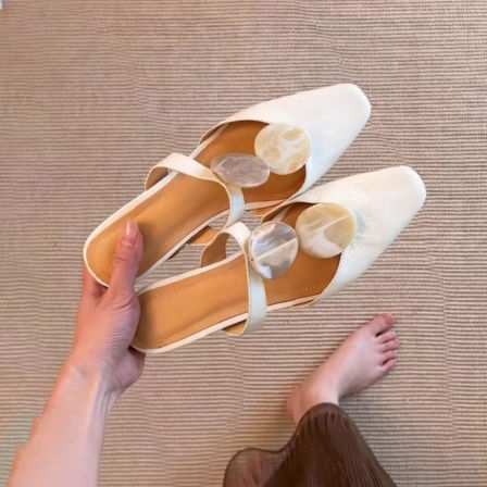 羊皮版~法式大理石扣粗跟包头半拖鞋女度假风气质配裙穆勒凉拖鞋