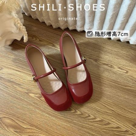 十里·内增高7cm小个子法式复古红色风浅口百搭玛丽珍单鞋