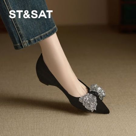 St&Sat/星期六亮片蝴蝶结浅口单鞋女黑色真皮尖头内增高软底女鞋