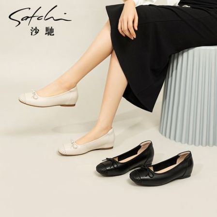 沙驰女鞋法式晚风芭蕾平底单鞋2025春新款蝴蝶结一脚蹬软底奶奶鞋