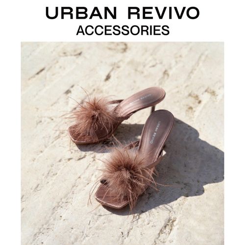 URBAN REVIVO2026夏季新款女士羽毛装饰高跟方头拖鞋UAWS60054主图