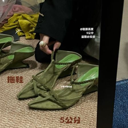 夏季新款橄榄绿绒面编织尖头坡跟凉拖女复古森系外穿百搭气质女鞋