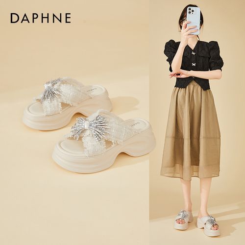 Daphne/达芙妮水钻流苏厚底一字凉拖鞋女夏季新款外穿百搭沙滩鞋主图