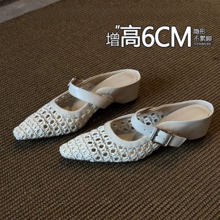 羊皮版内增高镂空编织包头半拖鞋女2026新款尖头法式外穿玛丽珍鞋