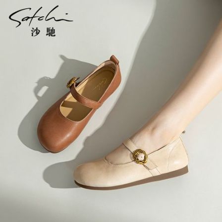 沙驰女鞋法式一字带玛丽珍皮鞋单鞋2026春夏新款浅口奶奶鞋平底鞋