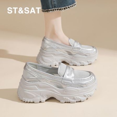 星期六厚底乐福鞋女夏季款网面透气小个子增高6cm一脚蹬浅口单鞋