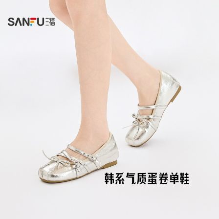 三福女单鞋夏季果系少女双带扣蝴蝶结质感娃娃鞋女鞋855179