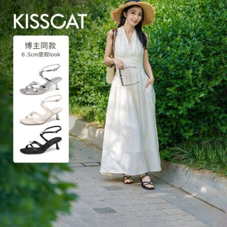 接吻猫【戛纳海边】夏新法式条带高跟鞋罗马凉鞋KA65300-14