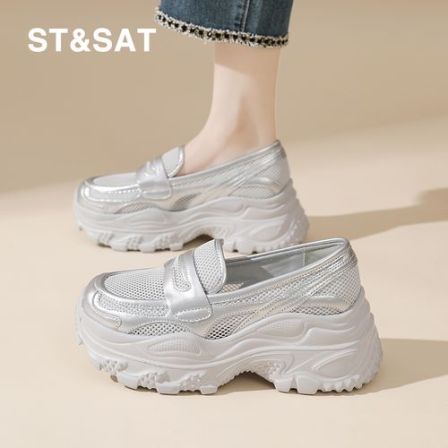 星期六银色厚底增高一脚蹬玛丽珍鞋女2026夏季新款镂空透气乐福鞋