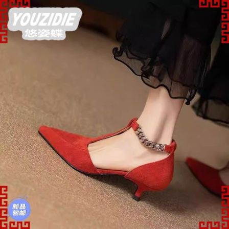 YOUZIDIE欧洲站女鞋2026春季新款真皮尖头绒面单上玛蝴蝶结绒面女