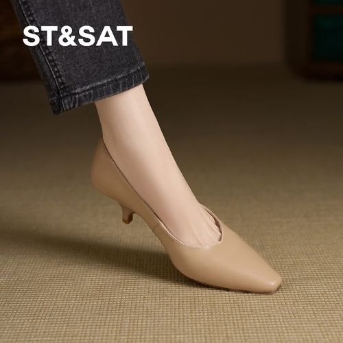 St&Sat/星期六新款杏色浅口单鞋真皮低跟玛丽珍鞋复古尖头高跟鞋主图