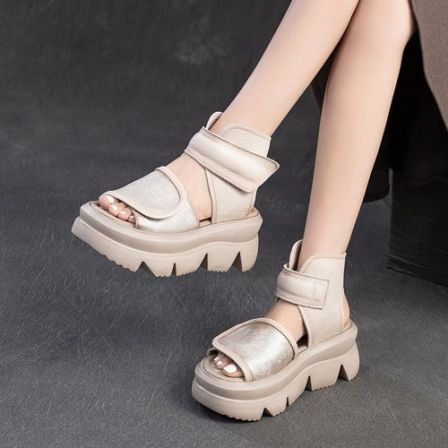 江南鞋匠2026夏季新款厚底擦色复古头层魔术贴百搭中筒小短靴凉鞋