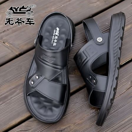 老爷车男士头层牛皮凉鞋夏季透气防滑软底外穿沙滩凉拖两用皮凉鞋