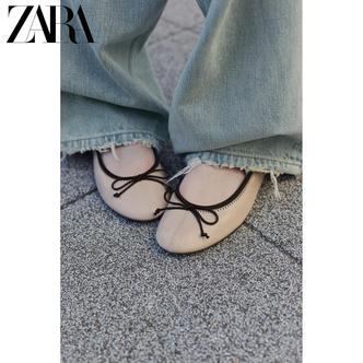 ZARA26春夏新款 女鞋 蝴蝶结饰撞色皮革圆头芭蕾鞋 1580710 002