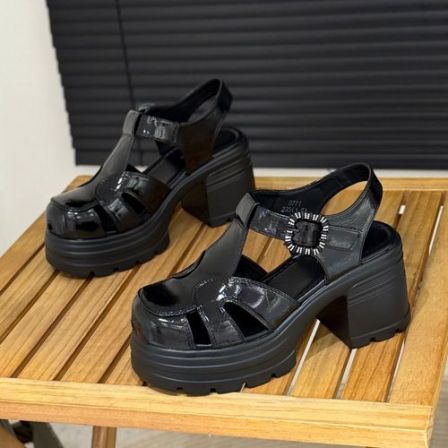 厚底增高罗马凉鞋女2026夏季新款小个子粗跟包头凉鞋镂空猪笼鞋子