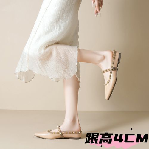 法式裸色尖头铆钉单鞋女内增高一脚蹬包头拖鞋女夏外穿软底百搭主图