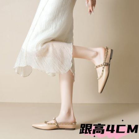 法式裸色尖头铆钉单鞋女内增高一脚蹬包头拖鞋女夏外穿软底百搭
