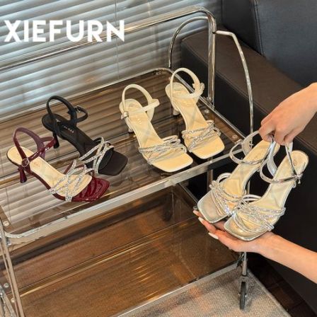 XIEFURN/鞋夫人法式方头高跟鞋女细跟一字带水钻露趾凉鞋设计感
