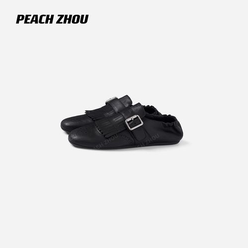 PEACHZHOU 擦色做旧小牛皮布洛克雕花乐福鞋复古英伦孟克穆勒单鞋主图