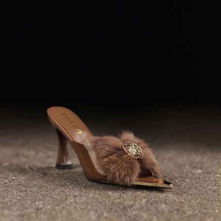 气质金属尖头细跟毛毛半拖鞋外穿高档真皮女鞋夏季新款露趾高跟鞋