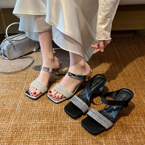 A大码水钻高跟露趾凉拖鞋女夏外穿细跟空凉鞋加宽大码女鞋41-43主图