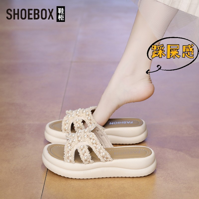 SHOEBOX鞋柜小香风珍珠凉拖鞋女夏外穿海边沙滩踩屎感防滑一字拖主图