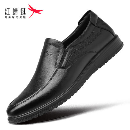 红蜻蜓男士真皮套脚商务乐福鞋休闲皮鞋头层牛皮百搭防滑中年软底
