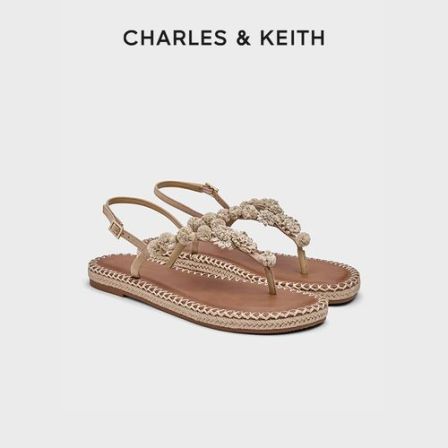 CHARLES & KEITH26新品编织花朵夹趾渔夫凉鞋沙滩鞋CK1-70580296
