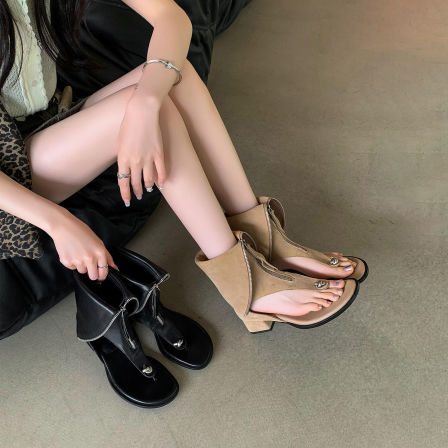 羊皮版~罗马夹趾凉鞋中筒粗跟凉靴女夏夹脚靴子中跟西部堆堆靴