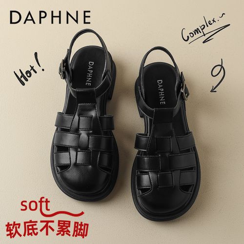 达芙妮包头罗马凉鞋女款夏季法式一字带镂空黑色粗跟镂空猪笼凉鞋主图