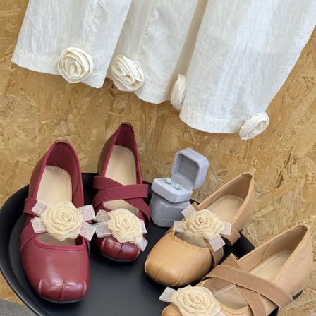 褶皱圆头芭蕾风内增高单鞋甜美山茶花弹力带法式玛丽珍鞋28166