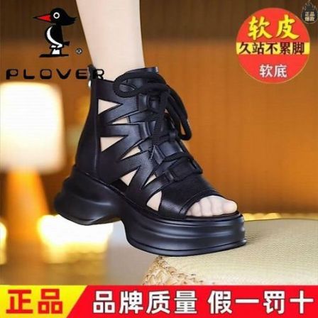 PLOVER真软皮高帮罗马凉鞋女2026夏季新款厚底鱼嘴凉靴复古马丁靴