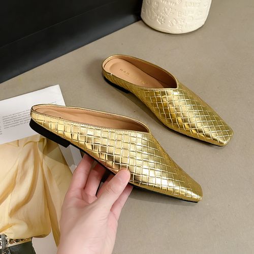 羊皮版～编织拖鞋女夏金属半拖包头穆勒鞋凉拖真皮大码女鞋41-43主图