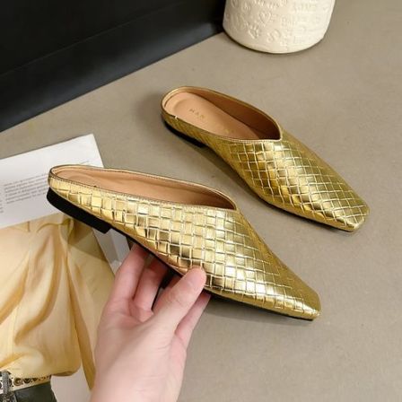羊皮版～编织拖鞋女夏金属半拖包头穆勒鞋凉拖真皮大码女鞋41-43