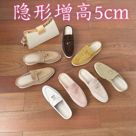 复古LP流苏乐福鞋女春季一脚蹬老钱风内增高5CM软底豆豆单鞋半拖