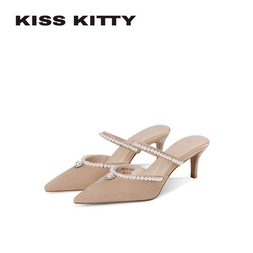 【千颂妮专属】KISSKITTY包头半拖鞋女2026夏新款外穿法式名媛珍珠尖头高跟凉鞋主图