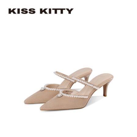 【千颂妮专属】KISSKITTY包头半拖鞋女2026夏新款外穿法式名媛珍珠尖头高跟凉鞋