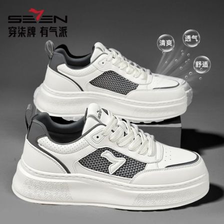 柒牌26年新款男鞋夏季透气网面时尚百搭休闲鞋拼色厚底增高板鞋子