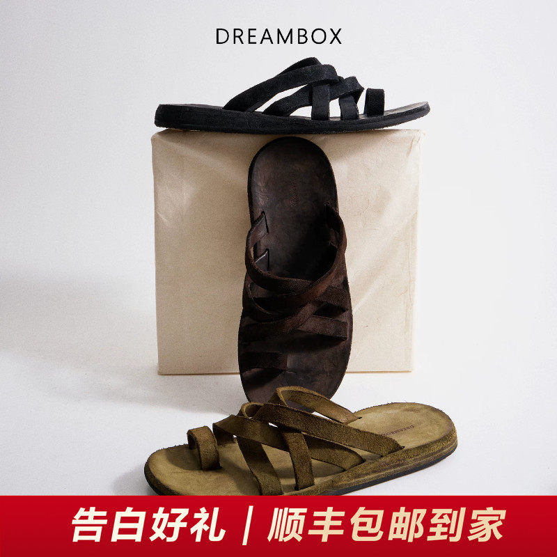 DREAMBOX钧博水洗马皮平底罗马凉鞋2026夏季新款透气舒适夹趾拖鞋主图