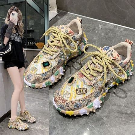 重工水钻榴莲老爹鞋女2026夏季新款低帮时尚休闲运动鞋透气软单鞋