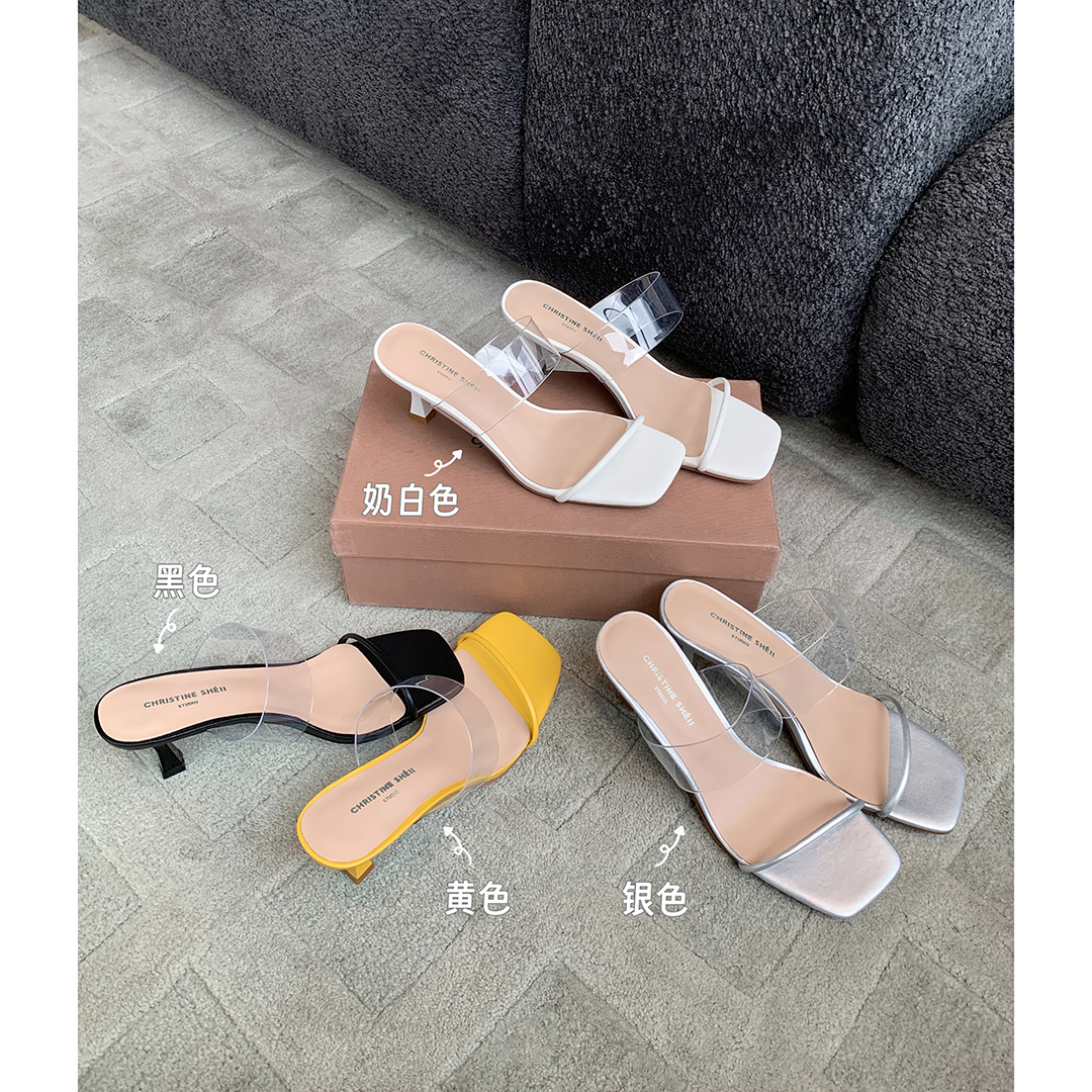 【苏茵茵】方头透明一字带高跟拖鞋女凉拖通勤olE5213015主图